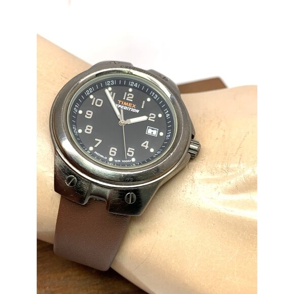Timex Men's Watch Expedition Quartz Indiglo Gunmetal Brown Leather Strap 40mm - Picture 5 of 13